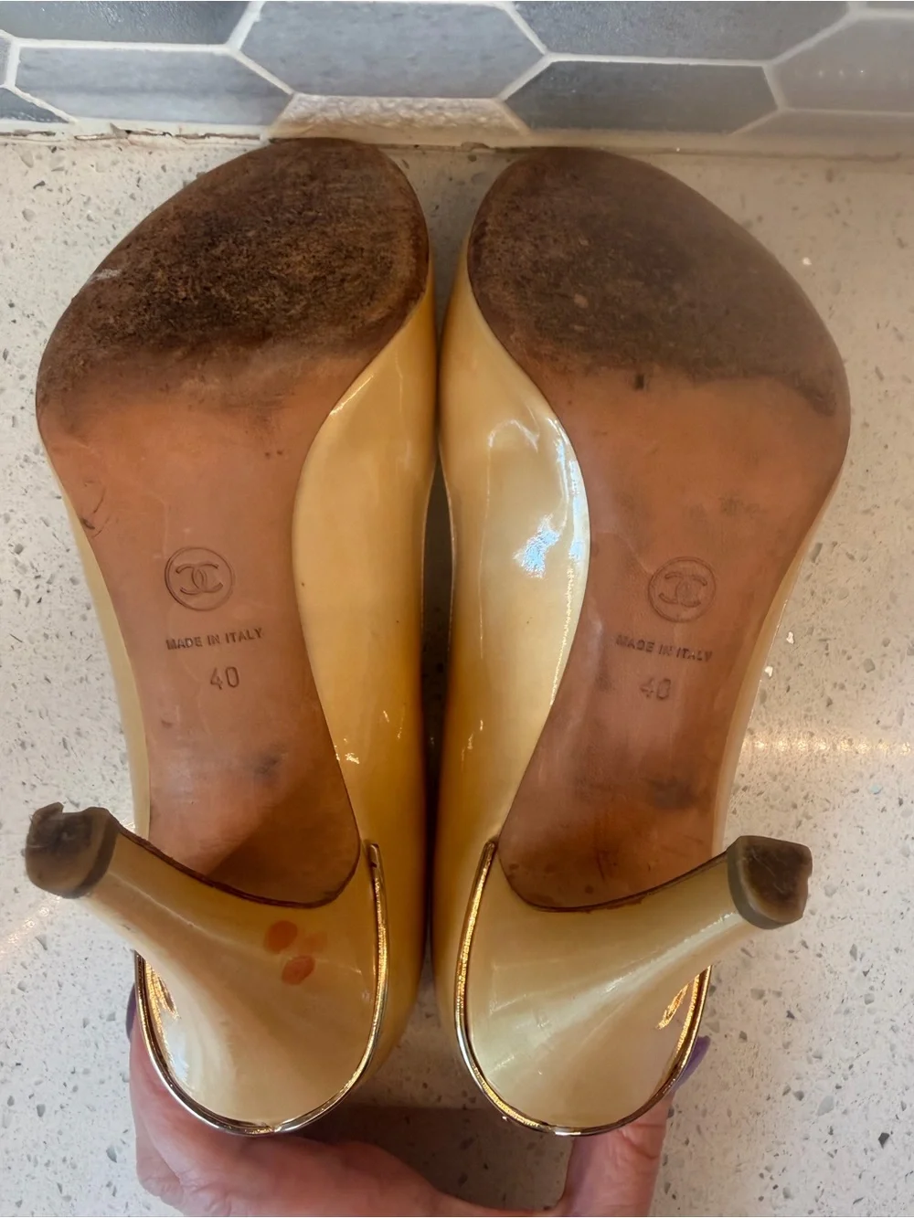 Name Your Price. CHANEL Gold Patent Leather Heels with CC Logo